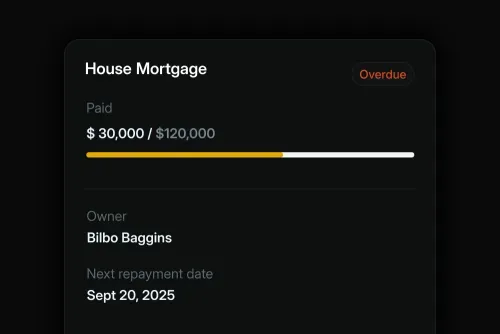 House mortgage payment progress showing $30,000 paid out of $120,000 with an overdue status, owner Bilbo Baggins, next repayment date September 20, 2025.
