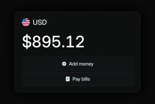 Digital wallet showing a balance of $895.12 USD with buttons to add money and pay bills.