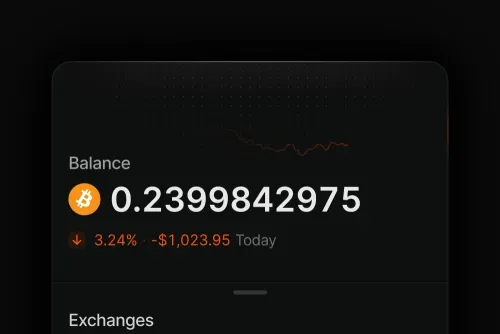 Cryptocurrency app showing Bitcoin balance of 0.2399842975 with a 3.24% decrease worth $1,023.95 today.