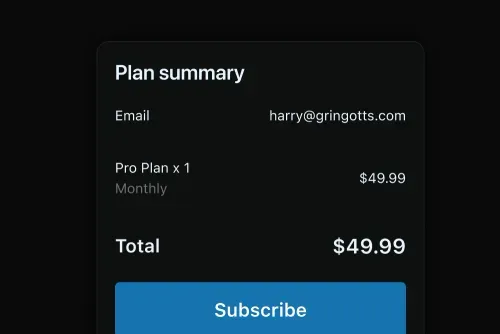 Subscription plan summary showing email harry@gringotts.com, one Pro Plan monthly at $49.99 total, with a blue Subscribe button.