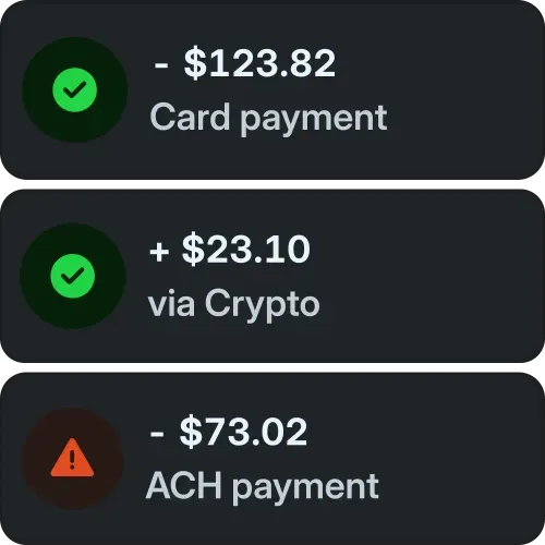 Three payment transactions showing amounts and types: a successful card payment of $123.82, a successful crypto payment of $23.10, and a failed ACH payment of $73.02.