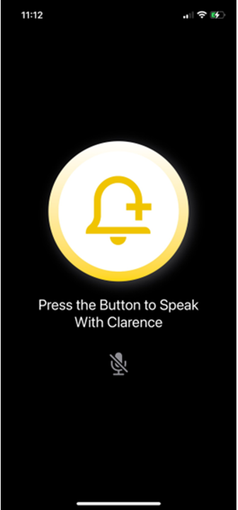 Clarence health mobile app landing page. A button with "Press the Button to Speak With Clarence" underneath.