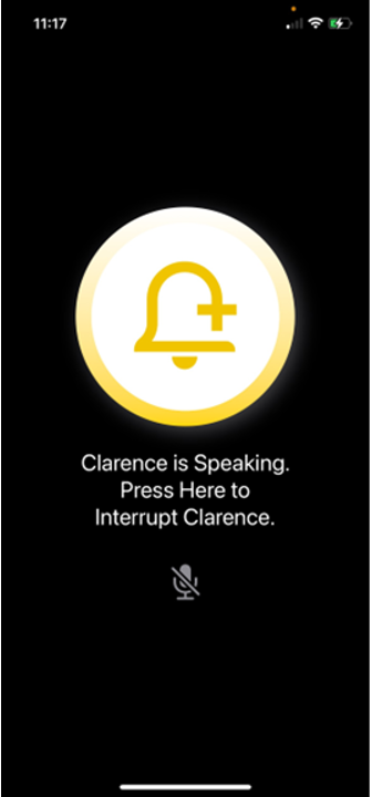 Clarence health mobile app landing page. A button with "Clarence is Speaking. Press Here to Interrupt Clarence." underneath.