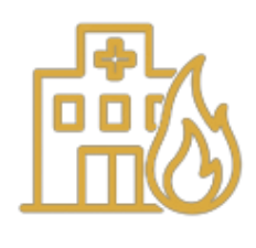 Icon of a health building with a flame indicating inneficiencies