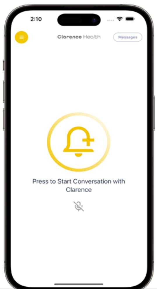 Mobile app depicting clarence health app, with a large bell icon saying "Press for conversation with Clarence"