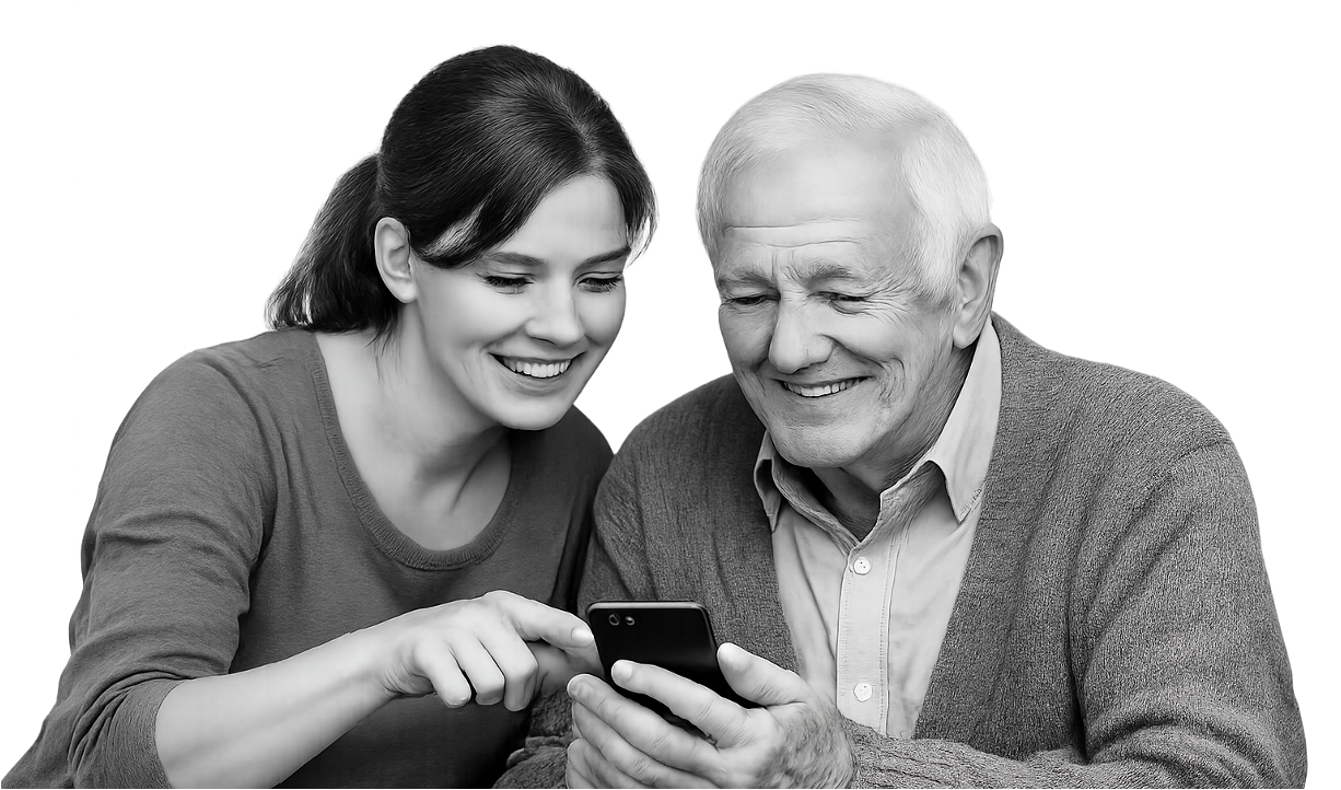 Caregiver and loved one using device