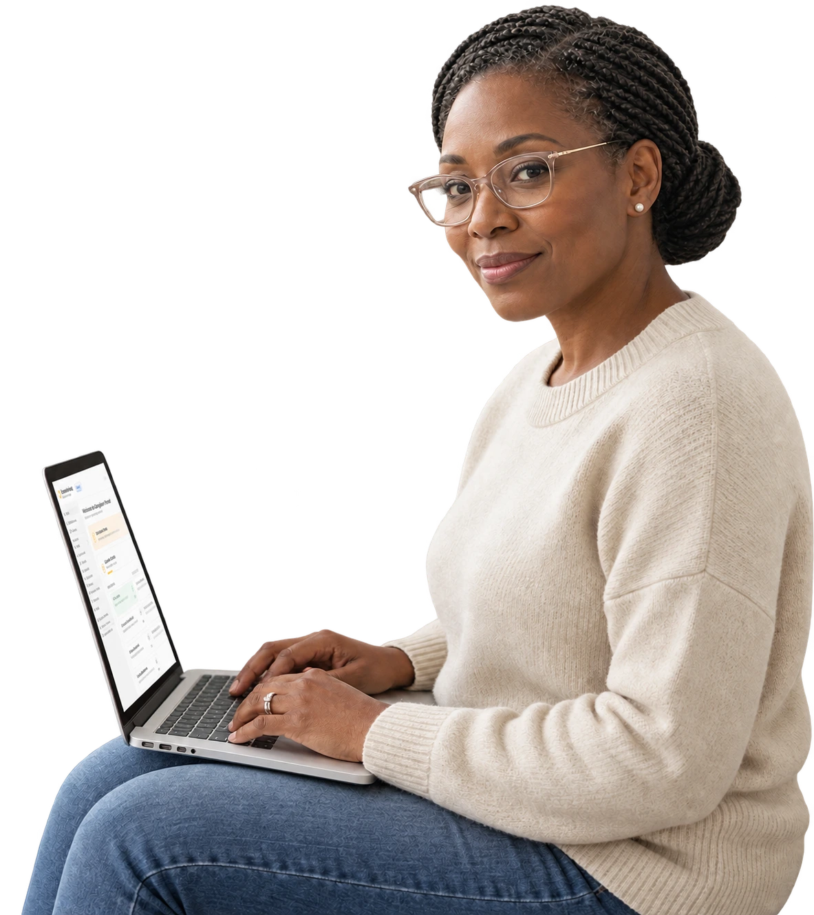 Caregiver and loved one using device