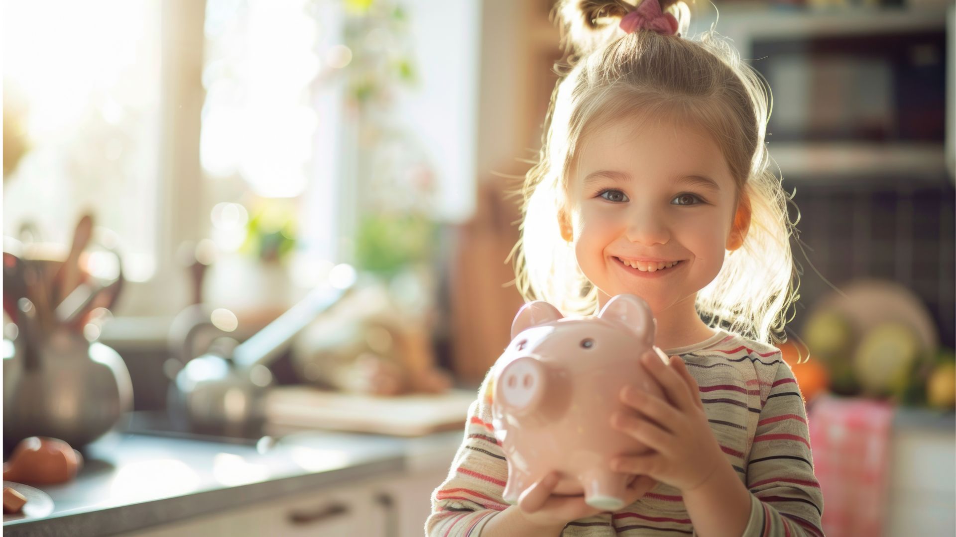 Blogartikel - Beratungslounge sagte: Mädchen hält lächelnd ein rosafarbenes Sparschwein in einer hellen Küche