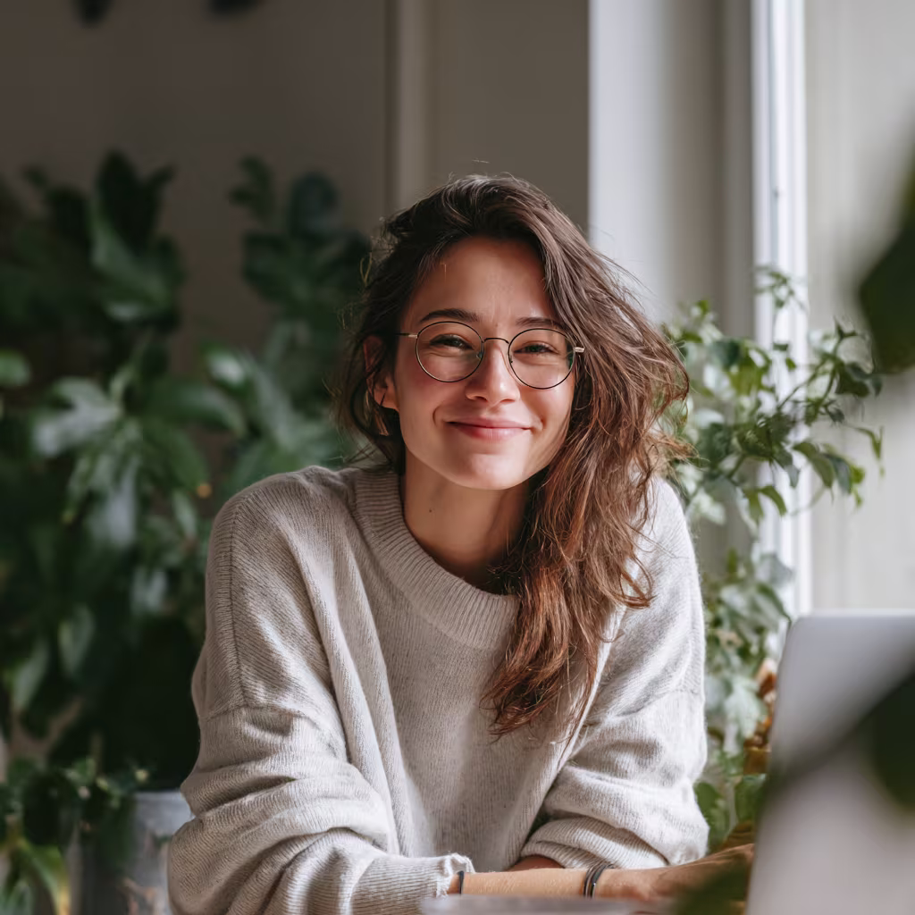 Smilende person med briller sitter ved et bord foran en bærbar datamaskin, i et lyst rom med grønne planter i bakgrunnen.