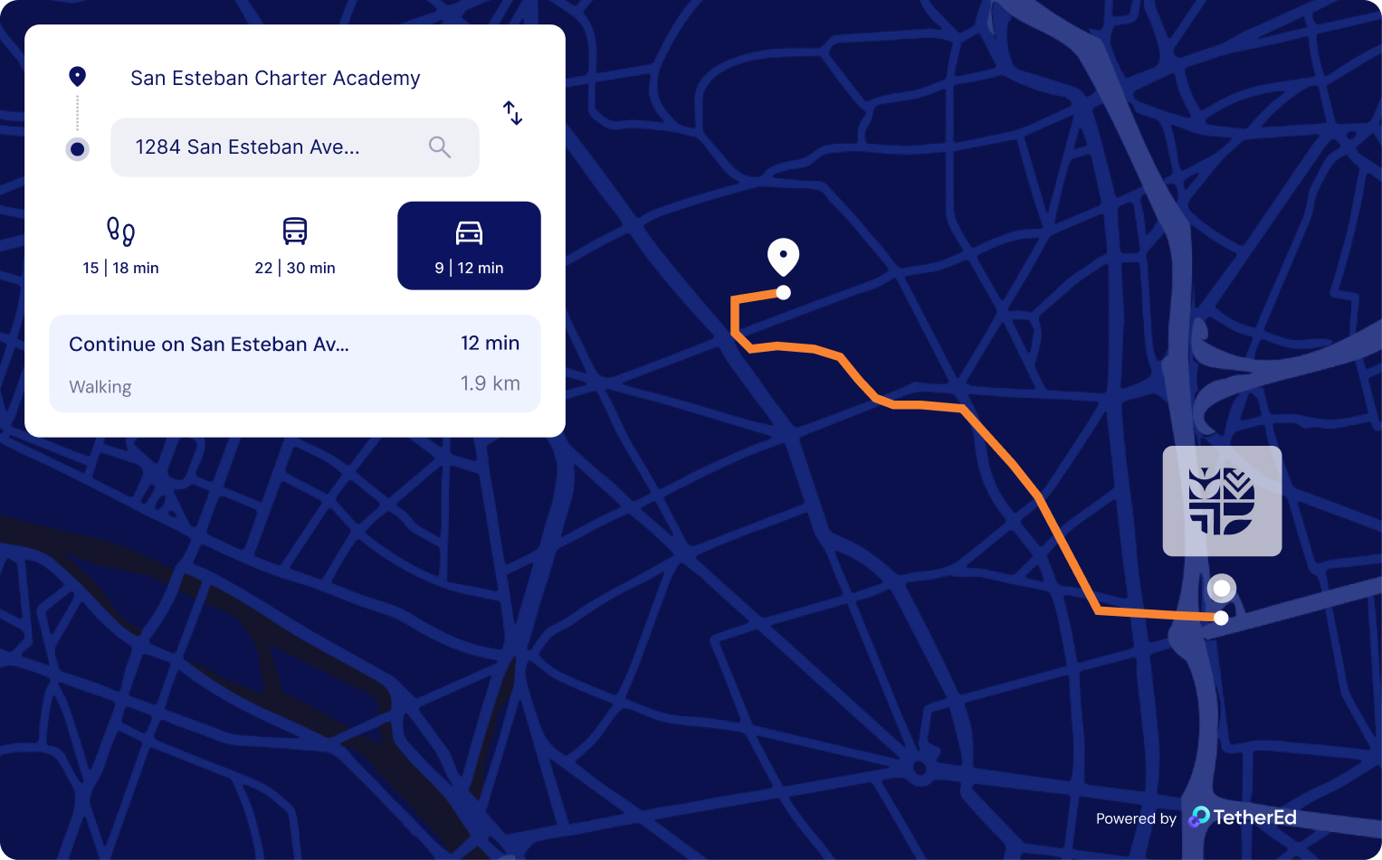 Interactive map interface showing travel routes and commute times from a user's address to San Esteban Charter Academy. Includes walking, public transit, and driving options, with estimated durations. Designed to help families evaluate school accessibility.