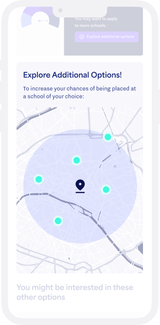 The assistant recommends nearby schools that better match the student’s needs—shown on a map with key info like tuition, performance, and accessibility.