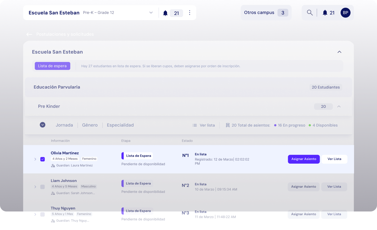 Interface card showing the Waitlist status and number of applicants to be contacted when a spot becomes available.