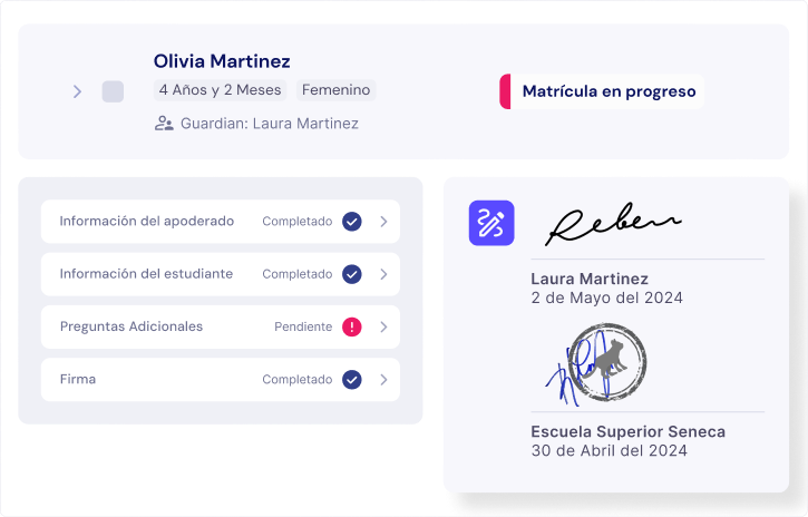 Interface showing a student’s digital enrollment progress, including completed and pending sections, and guardian signature confirmation.