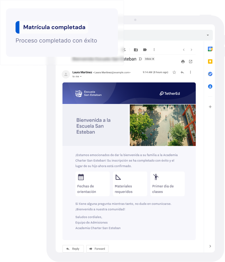 Confirmation email displayed on a tablet that informs families their school enrollment process has been successfully completed.