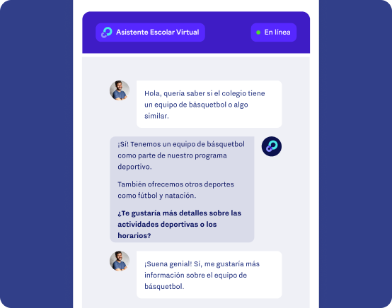 Chat interface of the school virtual assistant helping families with enrollment questions.
