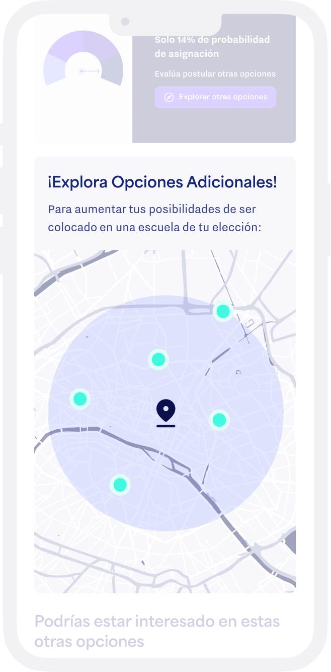 The assistant recommends nearby schools that better match the student’s needs—shown on a map with key info like tuition, performance, and accessibility.