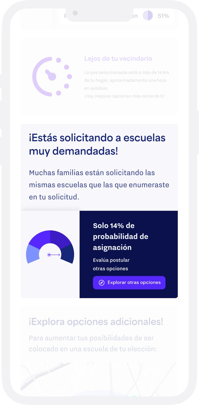 Each school shows a realistic probability of admission, helping families set expectations and avoid unreachable choices.