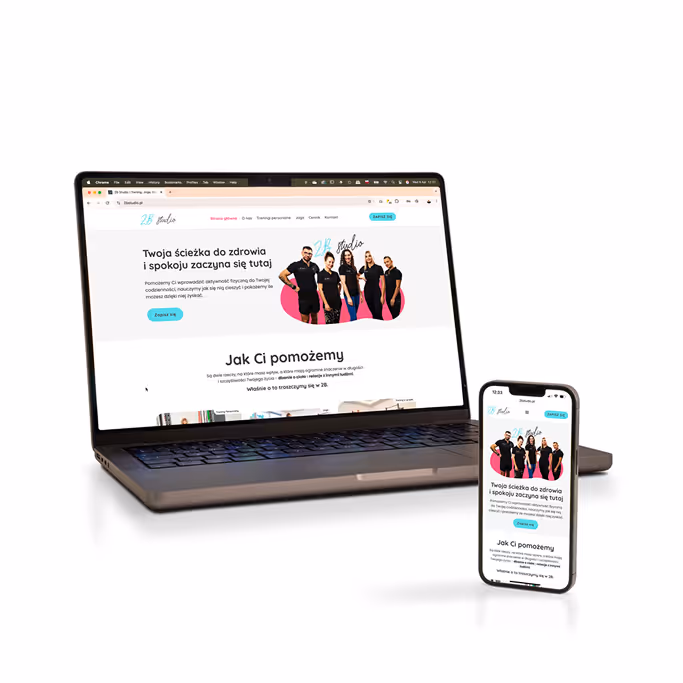 Zaprojektowana strona internetowa 2B Studio na laptopie i smartfonie. Minimalistyczny design Webflow z funkcją rezerwacji online. Widok desktop i mobile.
