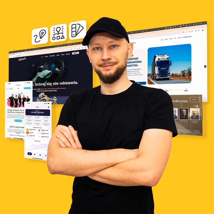 Mateusz Mrozek na tle kolażu zrealizowanych projektów: aplikacji mobilnych, stron internetowych i ikon. Zdjęcie symbolizuje różnorodne portfolio designu UX/UI i web designu.