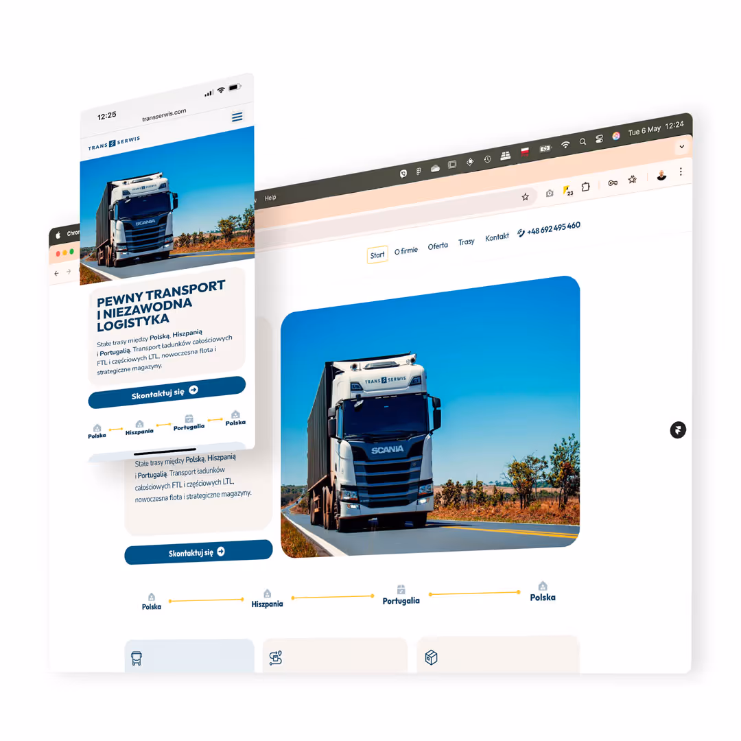 Mockup landing page Framer dla firmy transportowej Transserwis.