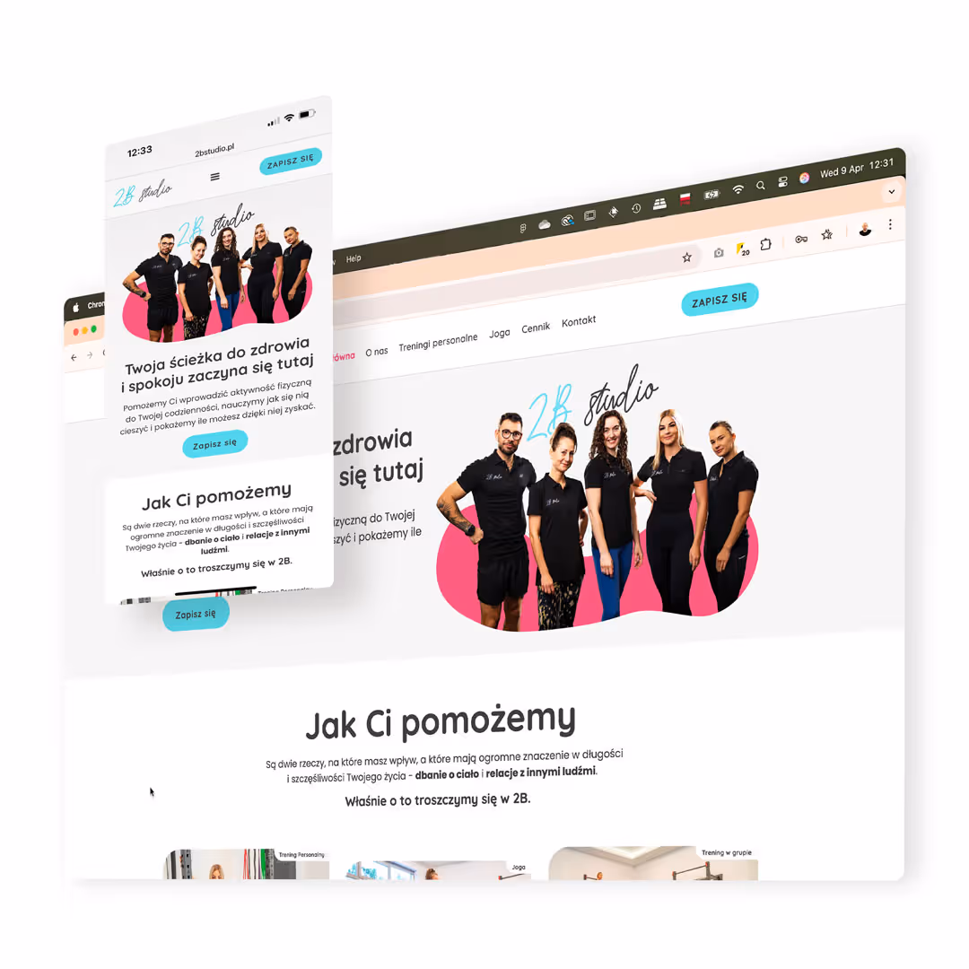 Mockup strony internetowej 2B Studio w Webflow. Strona dla studia treningu personalnego, jogi i dietetyki.
