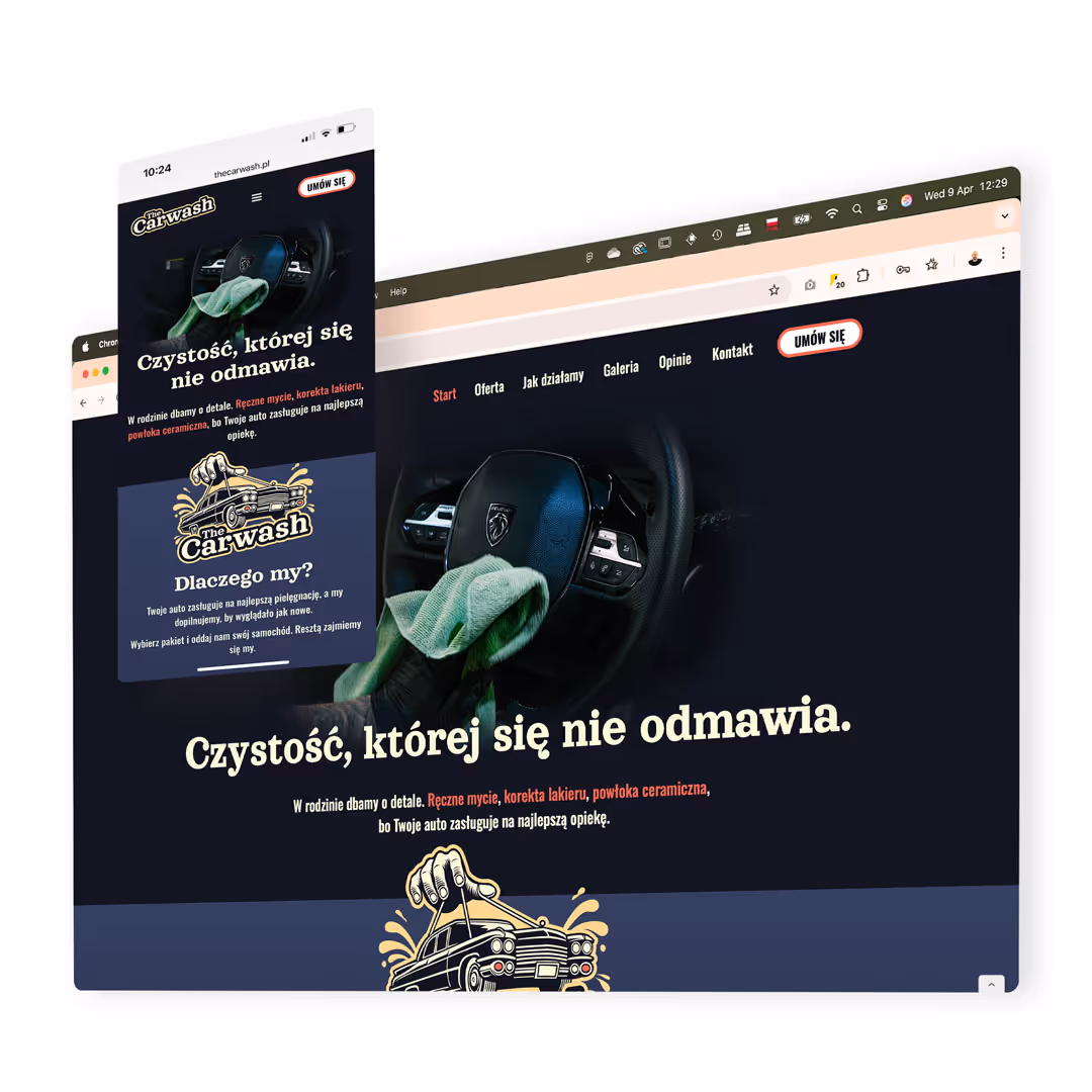 Mockup strony internetowej The Carwash. Nowoczesny web design Webflow dla salonu detailingu we Wrocławiu.