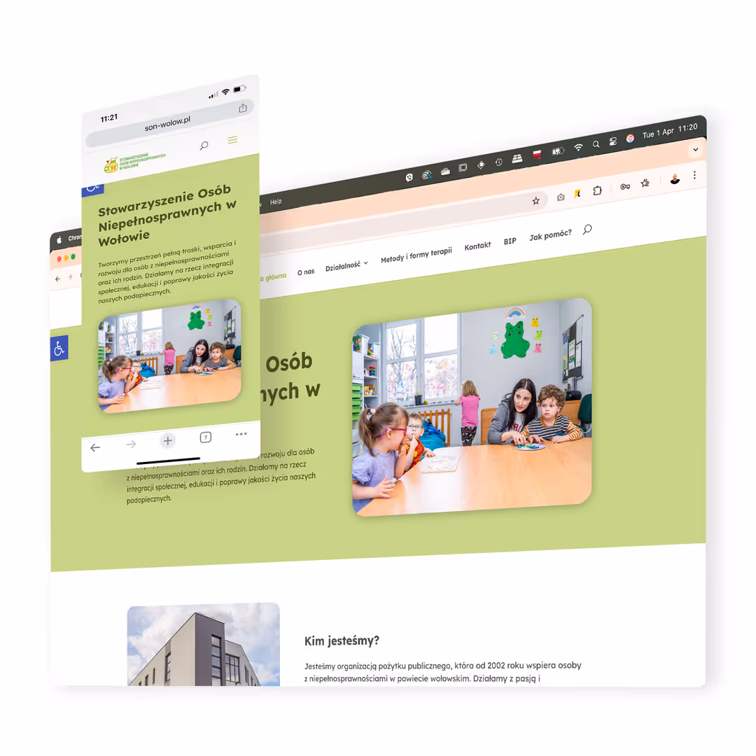 Mockup strony internetowej WordPress dla Stowarzyszenia Osób Niepełnosprawnych, zgodnej z WCAG 2.0.