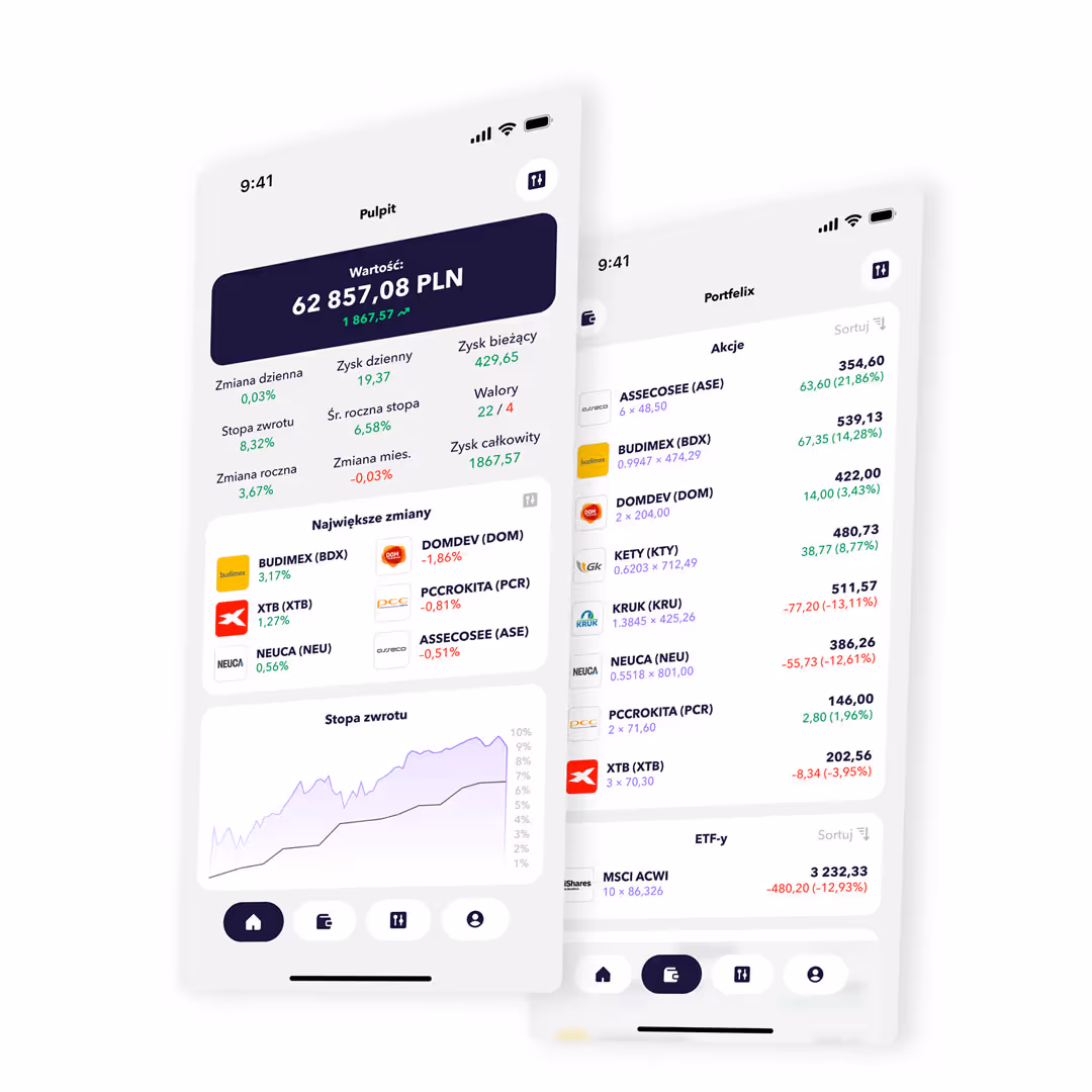 Mockup aplikacji MyFund do zarządzania kontami inwestycyjnymi. Prezentacja UX/UI.