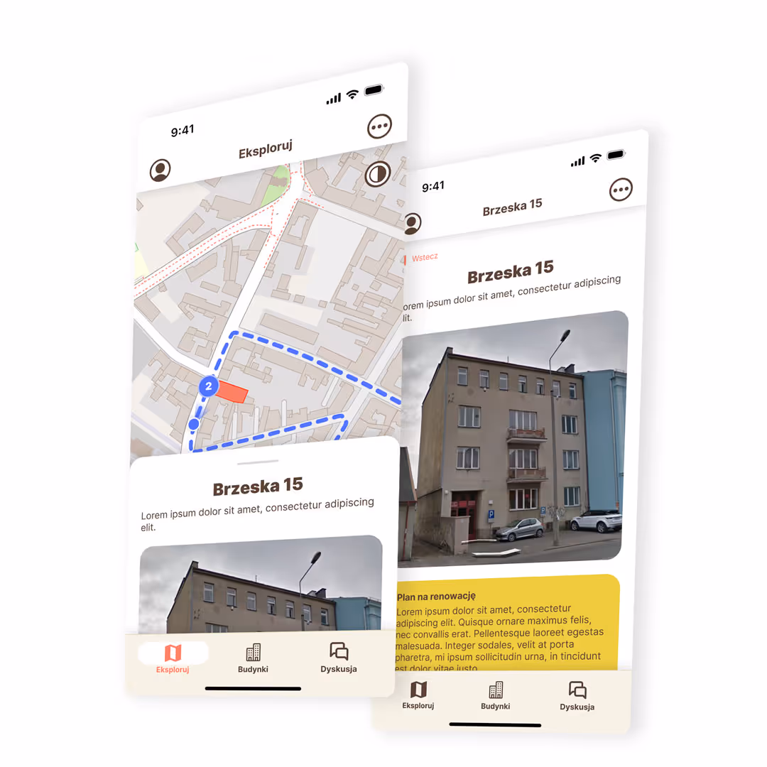 Mockup aplikacji mobilnej "Idź w Modernizm" dla zwiedzających Włocławek. Prezentacja UX/UI.