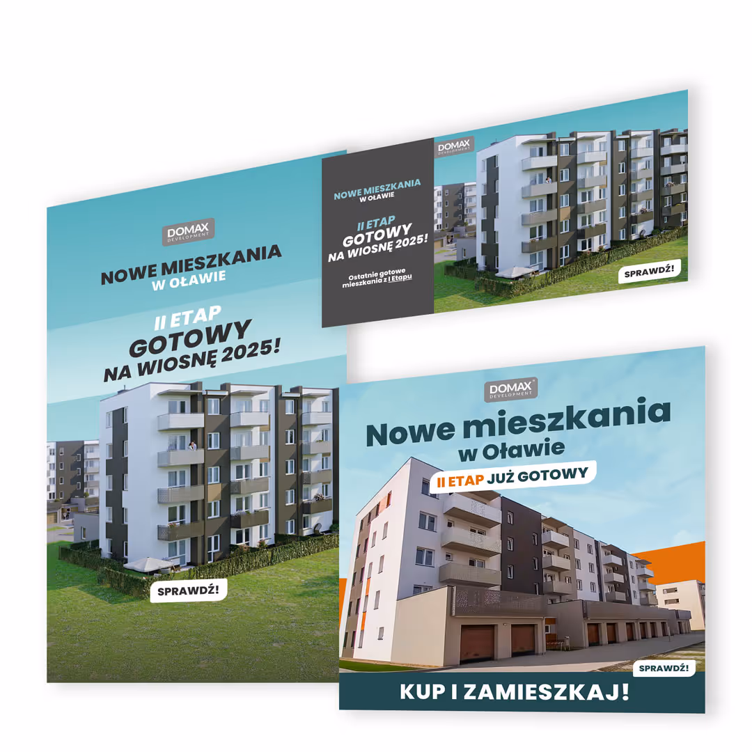 Mockup grafik reklamowych i outdoorowych dla dewelopera Domax Development, Osiedle Jodłowa w Oławie.