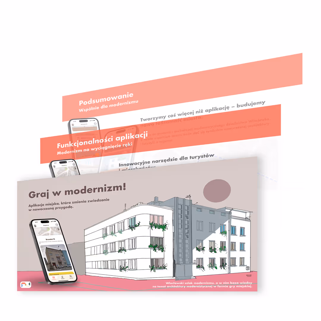 Mockup prezentacji projektu aplikacji "Idź w Modernizm Włocławek" do pozyskania finansowania.