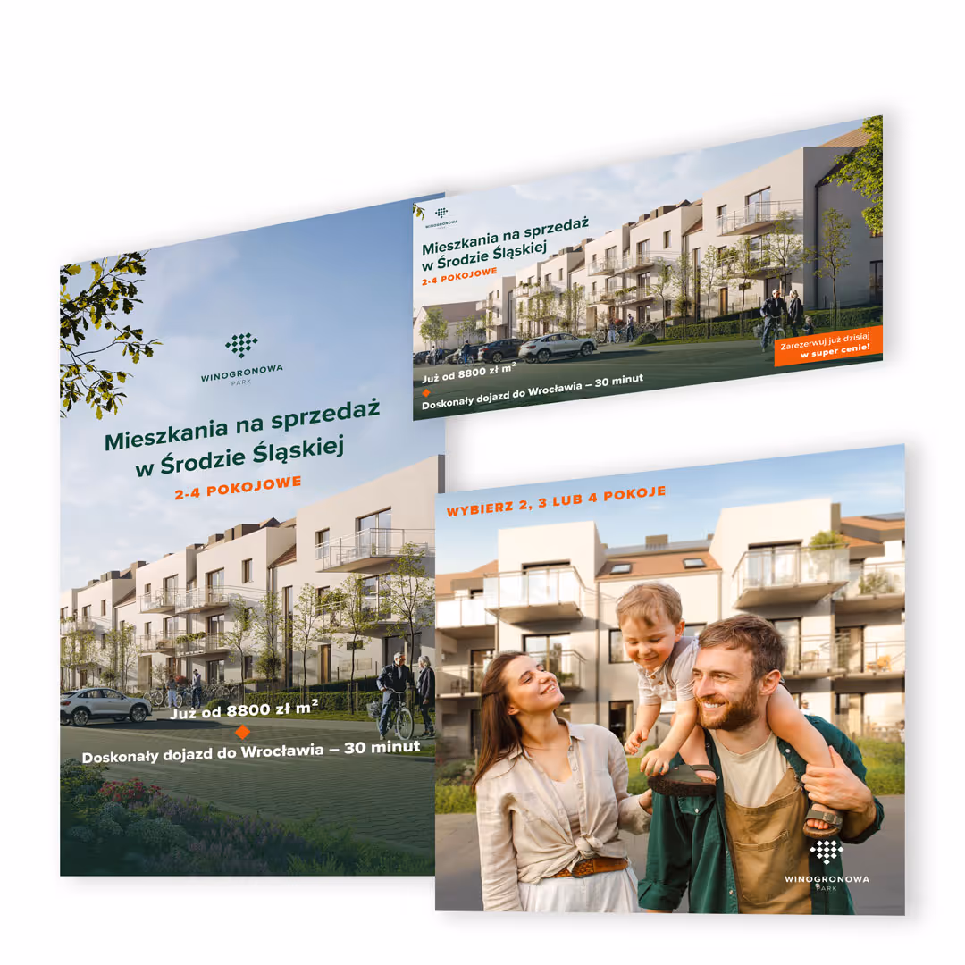 Mockup grafik reklamowych dla osiedla deweloperskiego Winogronowa w Środzie Śląskiej.