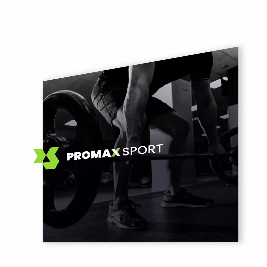 Mockup kompleksowego brandingu dla centrum fitness Promax Sport. Przykład logo i identyfikacji wizualnej.