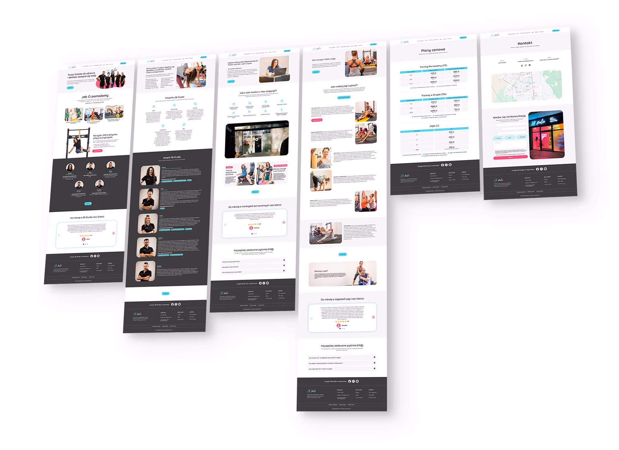 Cała strona internetowa 2B Studio przedstawiona w jednym widoku. Mockup projektu UI po etapie designu w Figmie, ukazujący wszystkie podstrony i sekcje serwisu.