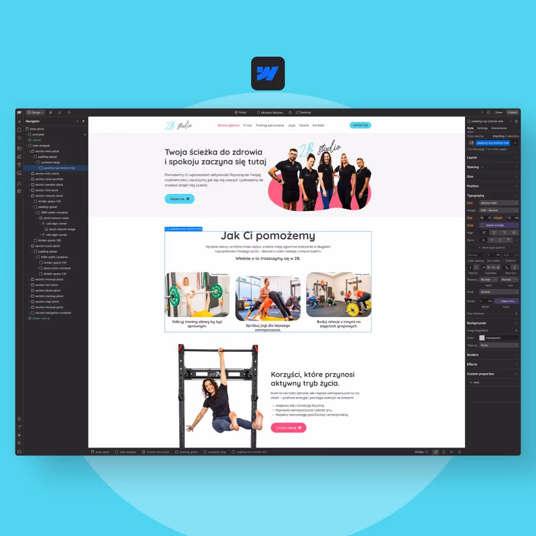Widok panelu Webflow podczas procesu developmentu strony internetowej 2B Studio. Ilustracja pracy nad budową witryny w Webflow.