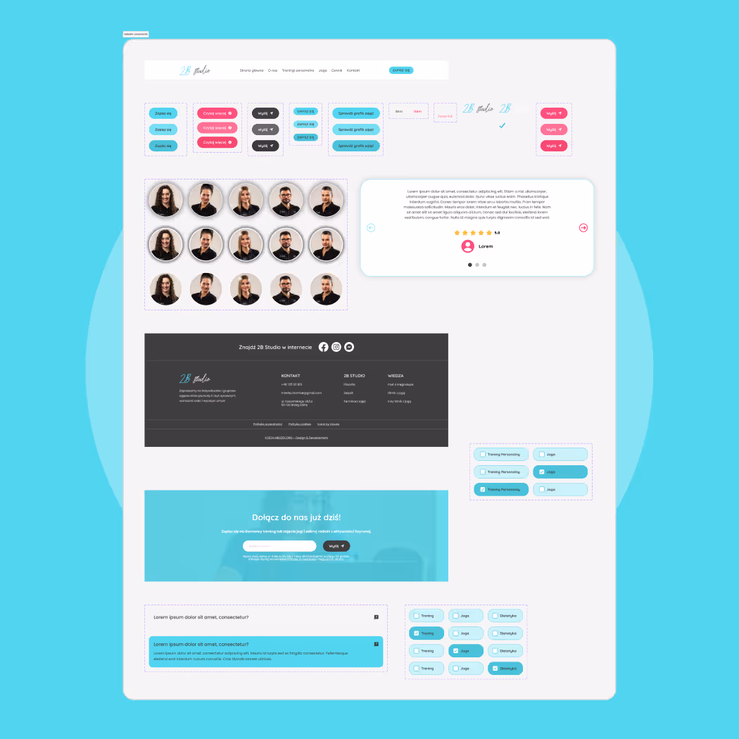 Zestaw komponentów UI designu z Figmy, użyty przy prototypowaniu strony 2B Studio. Przykłady elementów tworzących spójny Design System.