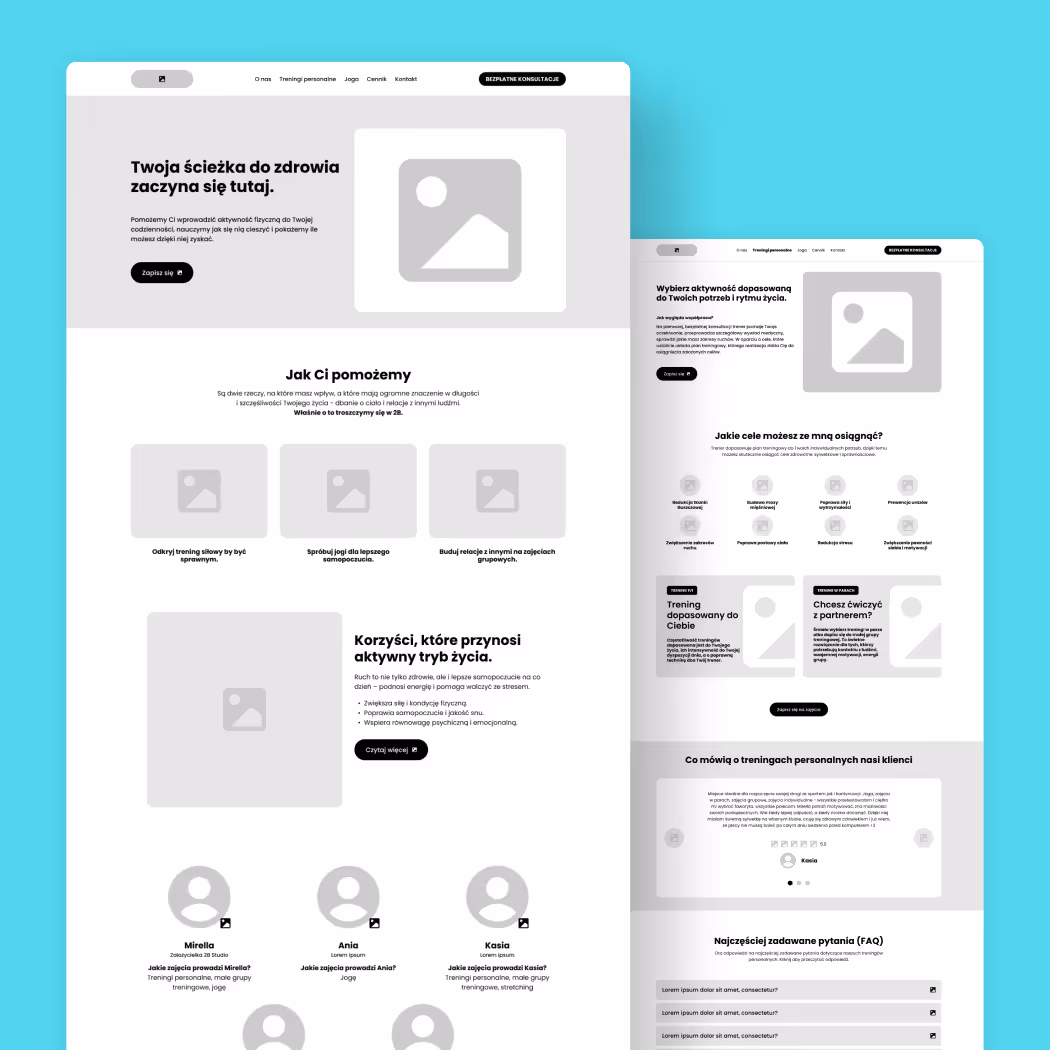 Zbliżenie na dwie podstrony 2B Studio w formie wireframe. Prezentacja układu i funkcjonalności na etapie optymalizacji UX, bez elementów graficznych.