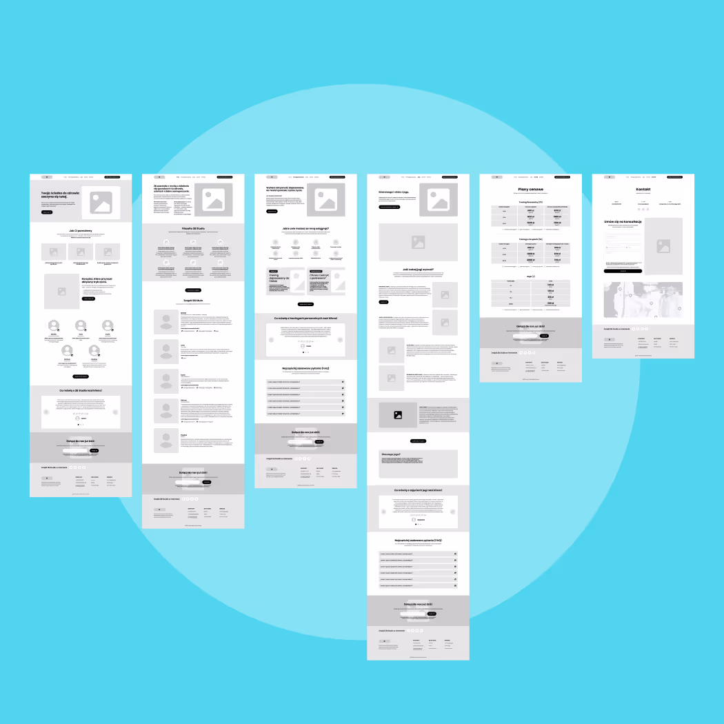 Widok wszystkich podstron 2B Studio w formie wireframe. Kompletny szablon UX strony internetowej, ukazujący całą strukturę funkcjonalną.