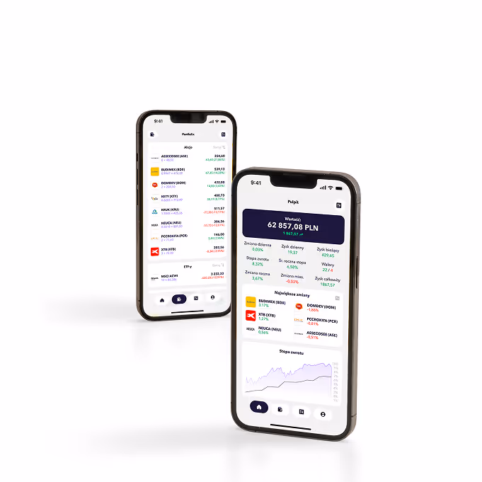 Dwa smartfony z wyświetlonymi różnymi motywami zaprojektowanej aplikacji mobilnej. Przykładowy UI design aplikacji na białym tle.