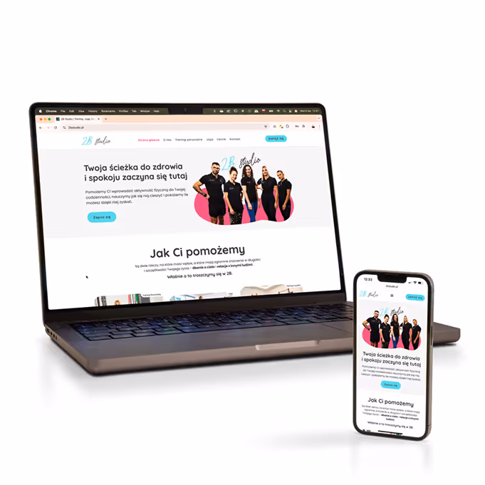 Zaprojektowana responsywna strona internetowa na laptopie i smartfonie. Widok strony w wersji desktop i mobile, na białym tle. Idealny web design dla każdego urządzenia.