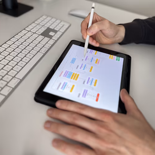 Dłonie Mateusza Mrozka pracującego nad tabletem, na ekranie widoczna architektura informacji projektu aplikacji. Ilustracja procesu UX/UI designu.