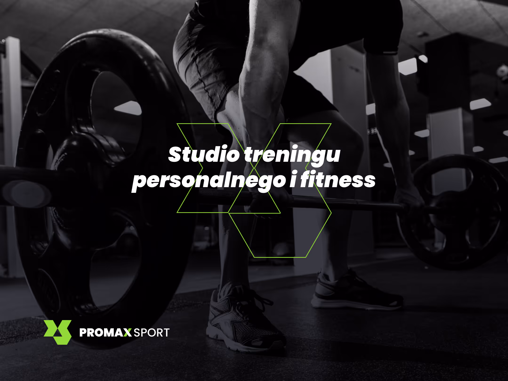 Grafika otwierająca Case Study Promax Sport. Czarno-biały motyw siłowni z centralnie umieszczonym stylizowanym logo i hasłem przewodnim marki. W rogu widoczne logo w wersji poziomej. Ilustracja brandingu centrum fitness.