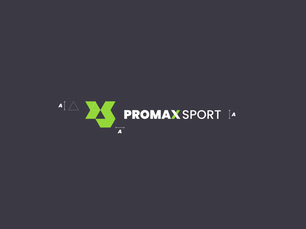 Logo Promax Sport w wersji poziomej, z zaznaczonymi wytycznymi dotyczącymi jego wielkości i proporcji. Zasady konstrukcji znaku z księgi znaku.
