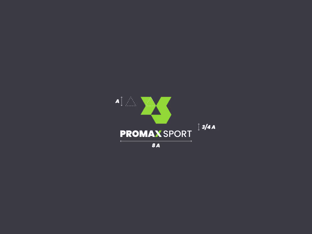 Logo Promax Sport w wersji pionowej, z zaznaczonymi wytycznymi dotyczącymi jego wielkości i proporcji. Zasady konstrukcji znaku z księgi znaku.