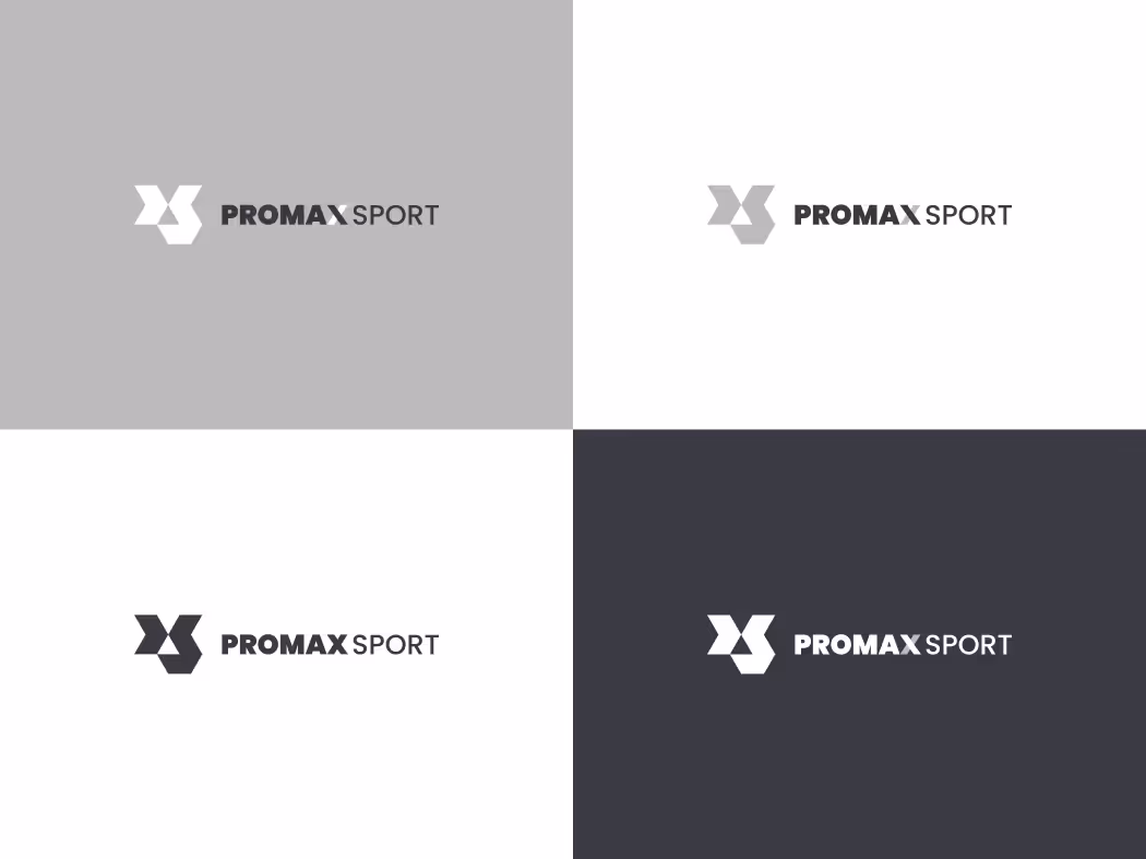 Cztery monochromatyczne wersje logo Promax Sport. Przykłady zastosowania znaku w identyfikacji wizualnej, w tym wersje pozytyw i negatyw.