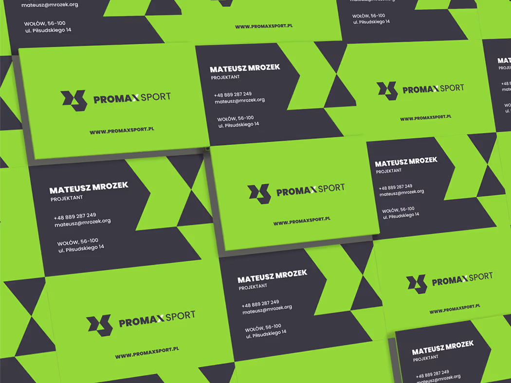 Mockup projektu wizytówki dla Promax Sport. Profesjonalny design wizytówki zgodny z identyfikacją wizualną centrum fitness.