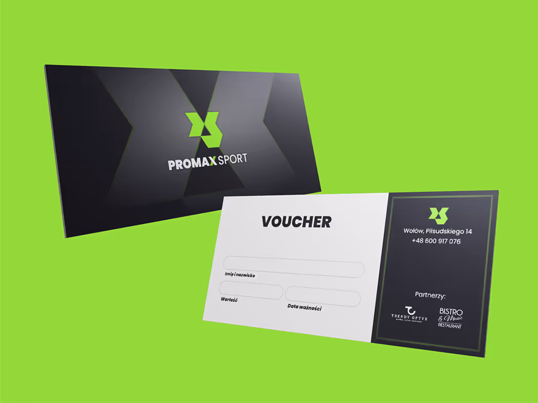 Mockup projektu vouchera dla Promax Sport. Design vouchera podarunkowego zgodny z brandingiem centrum fitness.