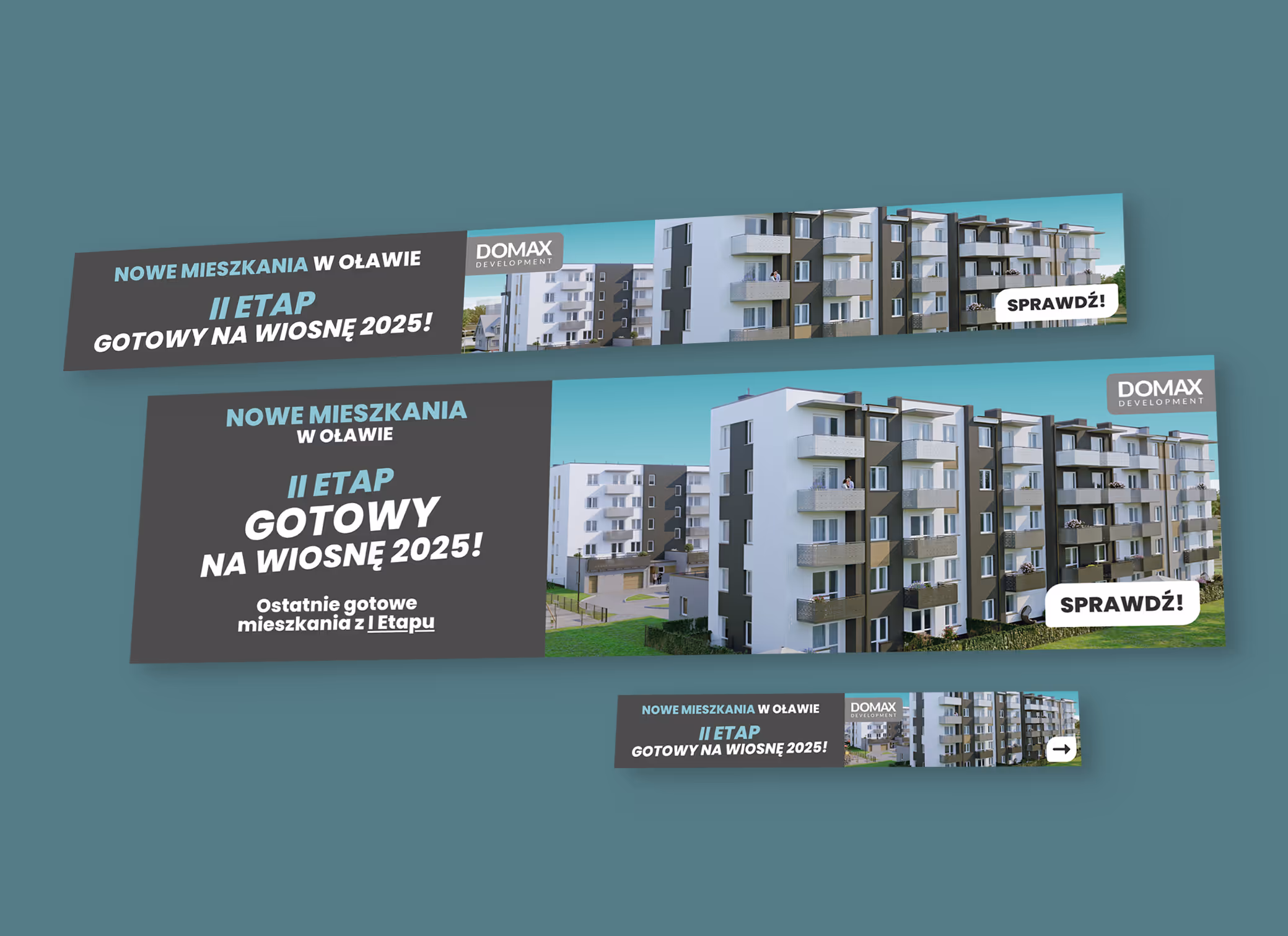Trzy poziome banery reklamowe dla Domax Development, w różnych formatach dostosowanych do wymagań platform. Przykłady grafik do kampanii Google Ads.