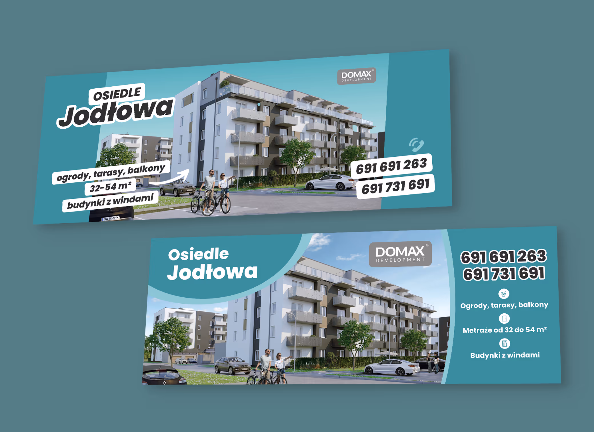 Dwa warianty wielkoformatowych, drukowanych banerów outdoorowych dla Domax Development. Przykłady reklam umieszczanych wokół inwestycji deweloperskich.