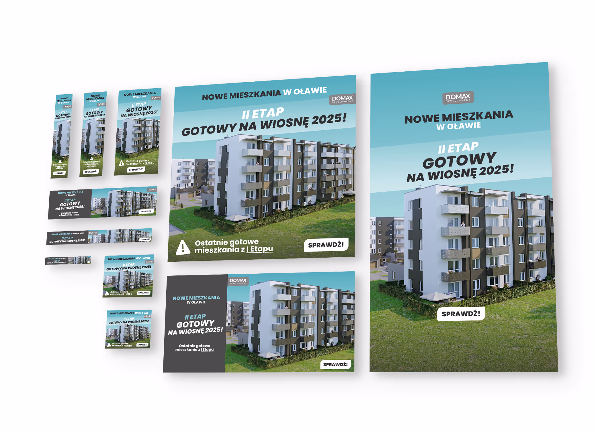 Grafika otwierająca Case Study Domax Development. Wizualizacja wszystkich wariantów banerów reklamowych online ułożonych w perspektywie.